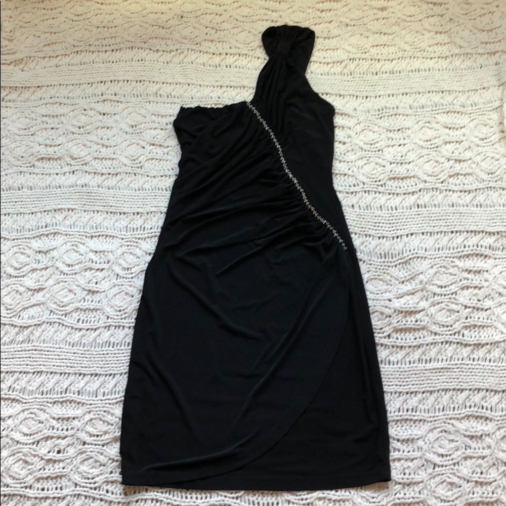 Black one-shoulder dress with ruching